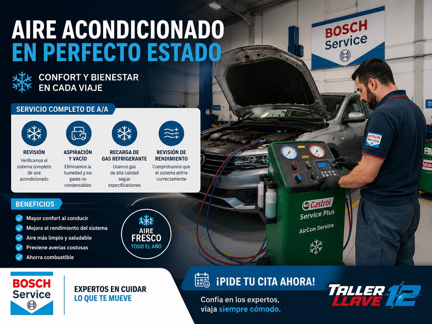 Campa&ntilde;a de aire acondicionado: revisi&oacute;n completa del circuito, carga de gas y aire fresco. Pide tu cita ahora.
